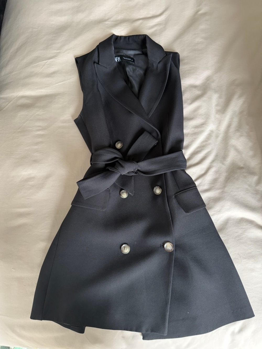ZARA Sleeveless Black Double-Breasted Blazer Dress with Tie Belt